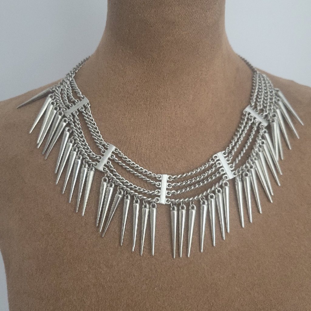 Silver Multi Strand Spike Fringe Statement Necklace 16-20 Inch Adjustable Goth